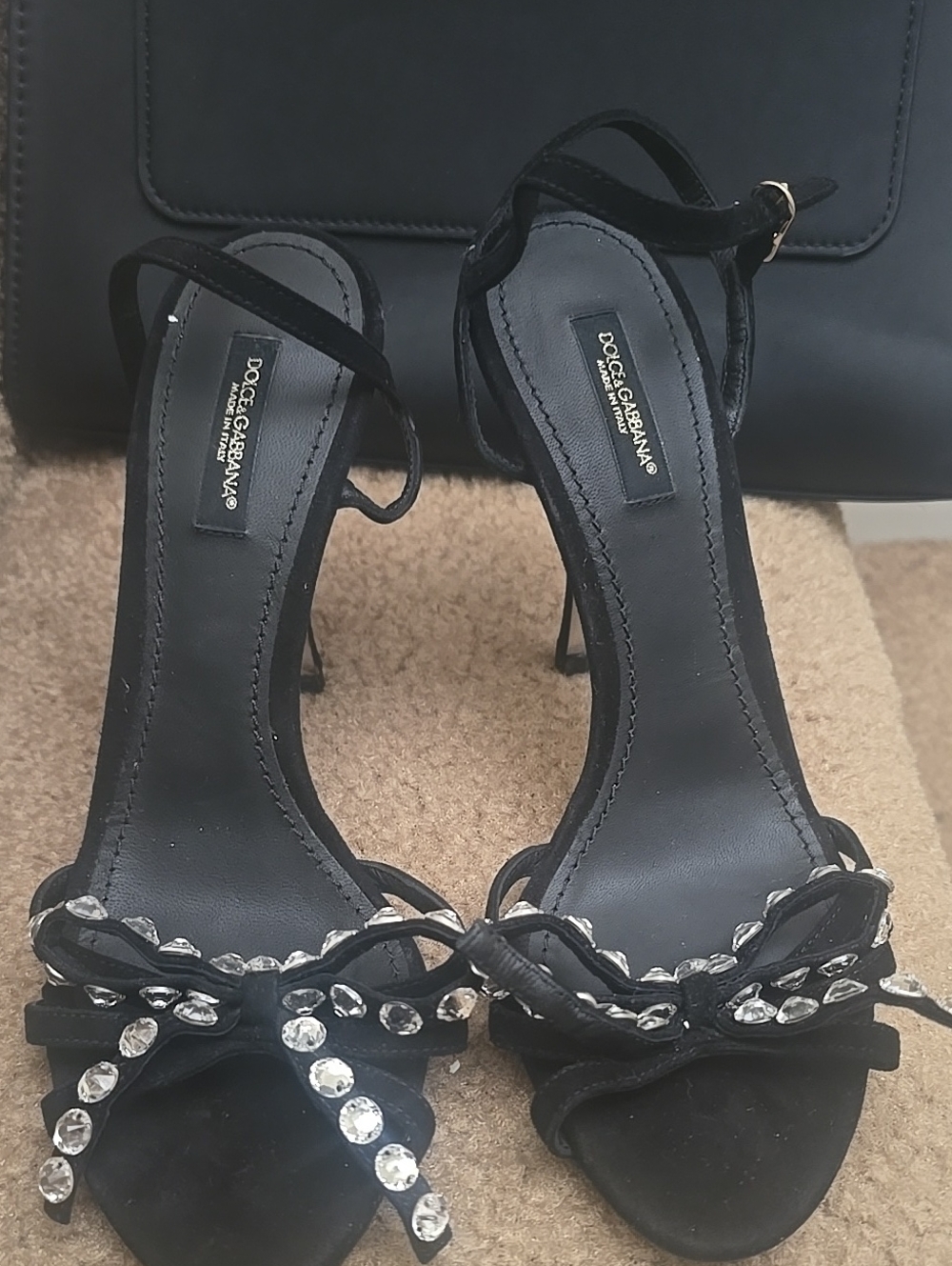 Dolce & Gabbana Black Crystal Bow Strappy Heels